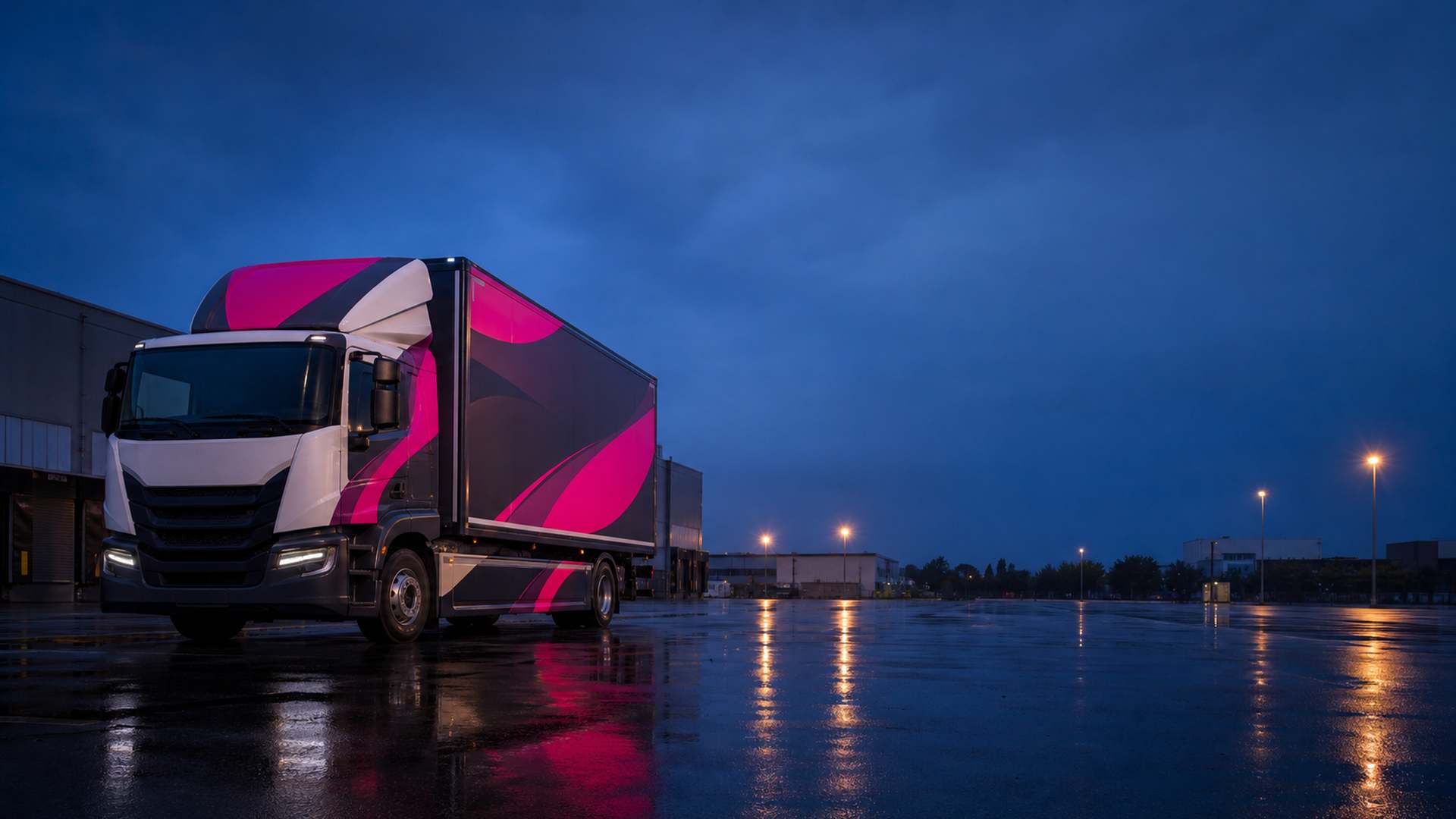 Fully wrapped lorry parked in an industrial estate at dusk after installation