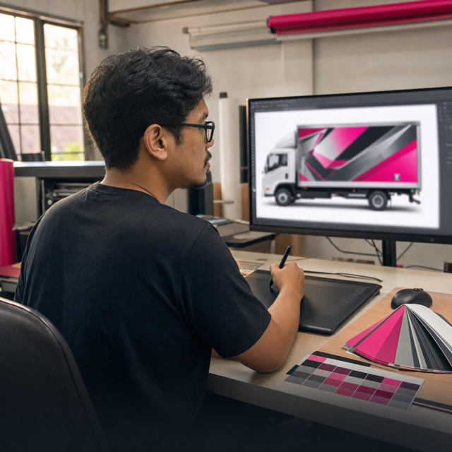 LoriCantik designer mocking up a lorry sticker wrap on a computer screen in the design studio