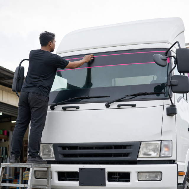 Installer applying lorry window stickers across the top of the windscreen
