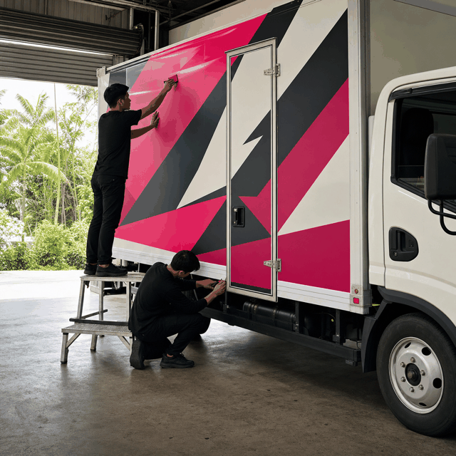 Two LoriCantik installers finishing the lorry sticker wrap on a box body