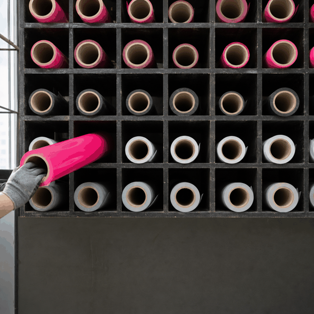 Racking holding rolls of pink and black lorry sticker vinyl at the workshop