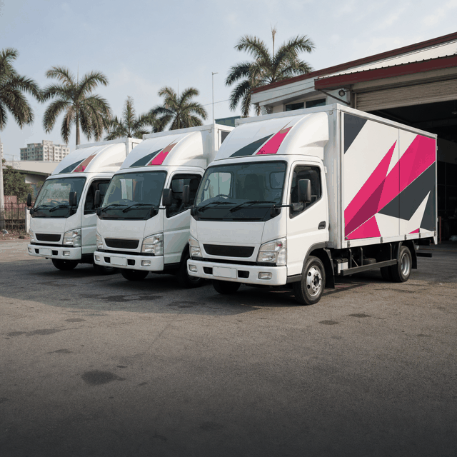 Three wrapped fleet lorries lined up outside the workshop after lorry sticker fitting