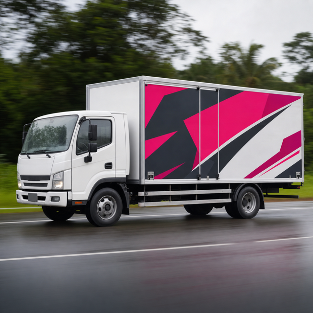 Fully wrapped lorry running on a Malaysian road with its lorry sticker livery