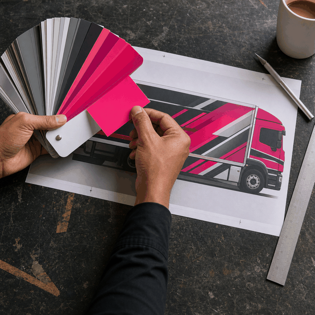 Hands opening a vinyl colour swatch book to choose the lorry sticker colours
