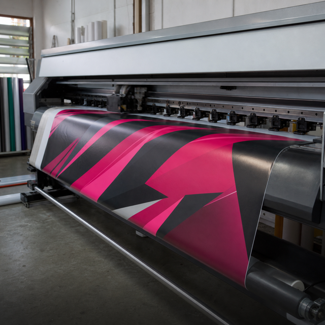 Wide-format printer running a magenta lorry sticker graphic onto vinyl