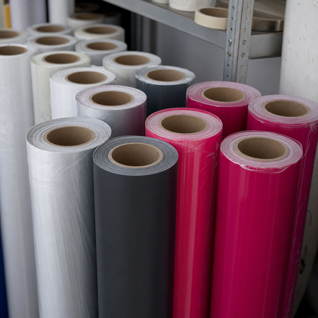 Rolls of 3M and Avery cast vinyl stock for lorry sticker printing stored at the workshop