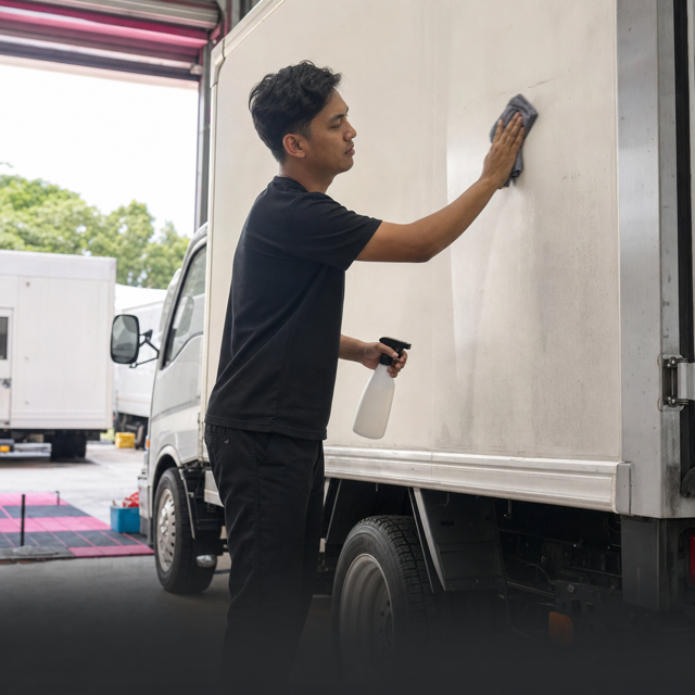 Lorry body panel being cleaned with isopropyl and a microfibre cloth before the sticker goes on