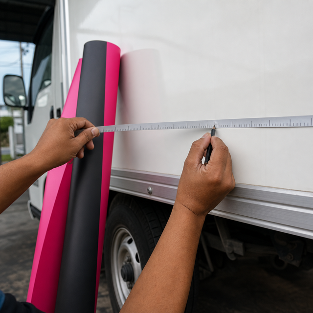 Installer measuring the lorry body with a tape measure before fitting the lorry sticker