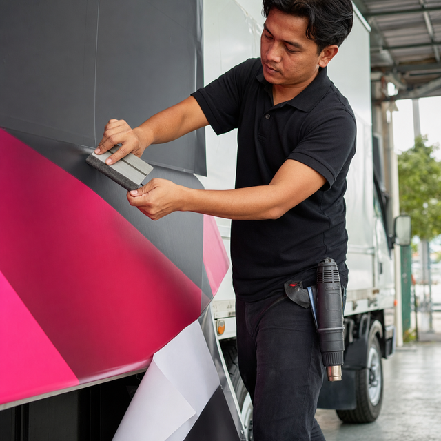 Installer squeegeeing pink and black lorry sticker vinyl onto the side of a box body