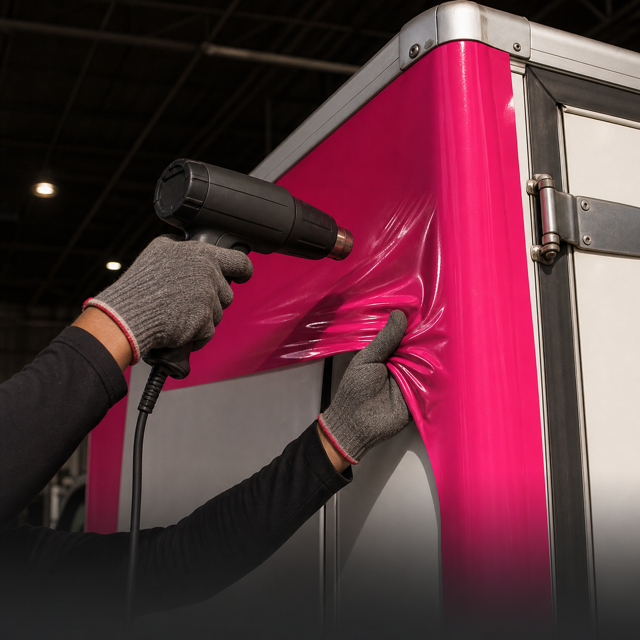 Installer using a heat gun to conform lorry sticker vinyl around a body corner